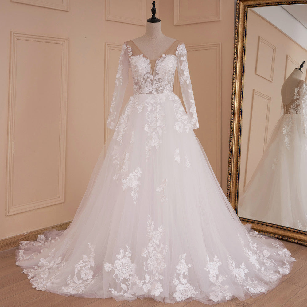HEULORIA elegant wedding dress A line long sleeve bridal dress Robe De Mariee lace applique Wedding Bride Dress AL-554