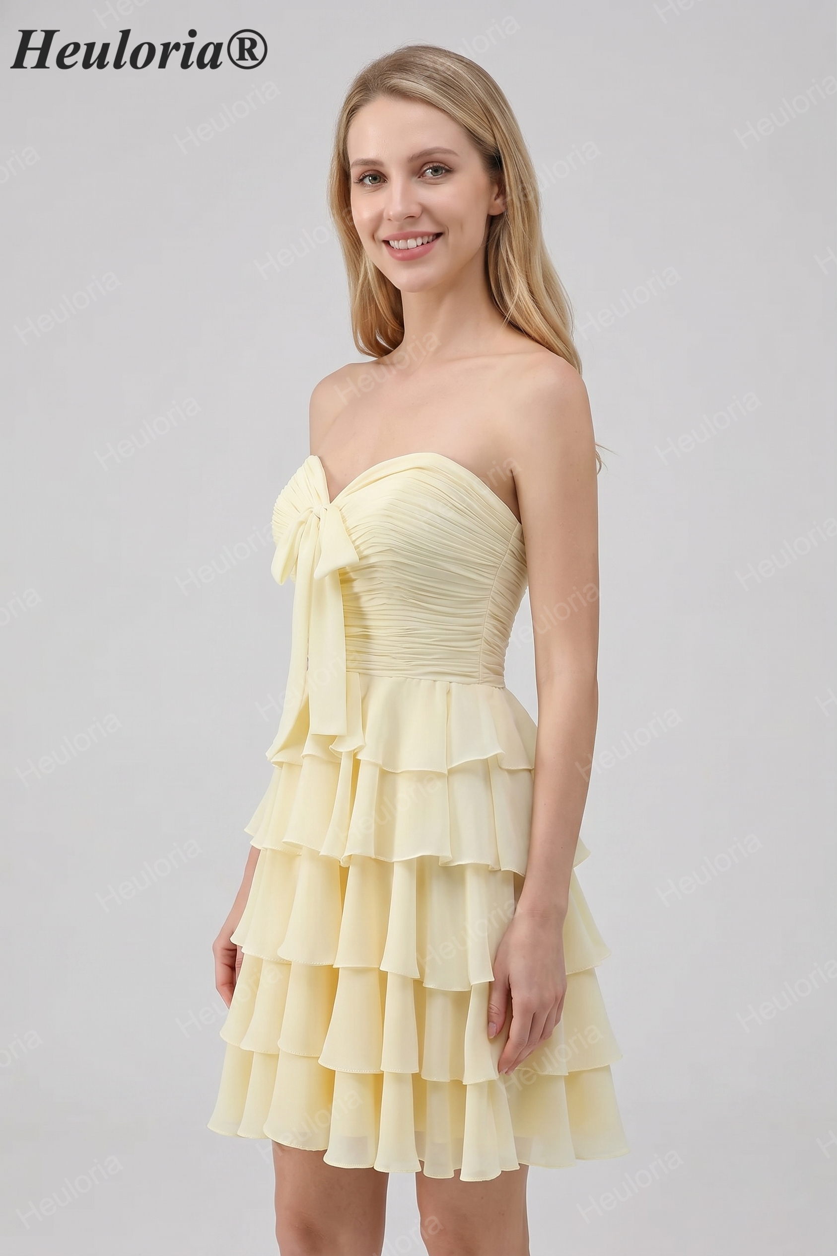 HEULORIA Light Yellow Strapless Tiered Ruched A Line Short Homecoming Dress ED-319