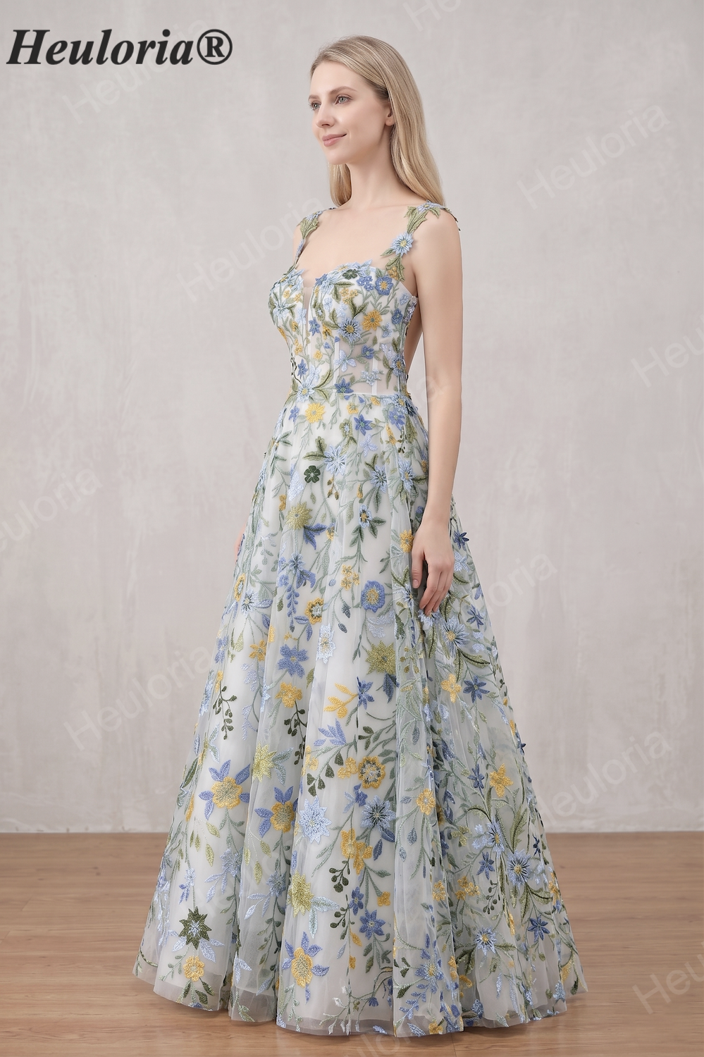 HEULORIA Enchanting Multicolored Floral Embroidered Tulle A-Line Gown with Corset Back ED-669 floor