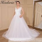 HEULORIA A-line V-Neck Court Train Lace Wedding Dress With Sequins AL-704