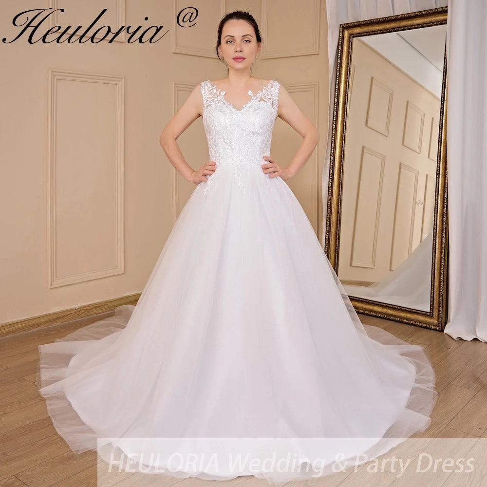 HEULORIA A-line V-Neck Court Train Lace Wedding Dress With Sequins AL-704