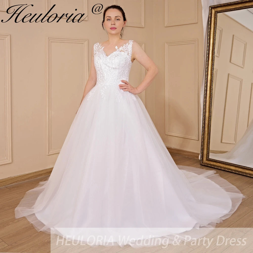 HEULORIA A-line V-Neck Court Train Lace Wedding Dress With Sequins AL-704
