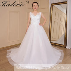 HEULORIA A-line V-Neck Court Train Lace Wedding Dress With Sequins AL-704