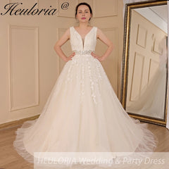 HEULORIA A-line V-Neck Sweep Train Lace Tulle Wedding Dress With Sequins Beading AL-611A