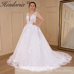 HEULORIA A-line V-Neck Sweep Train Lace Tulle Wedding Dress With Sequins Beading AL-529A