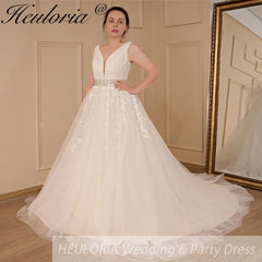 HEULORIA A-line V-Neck Sweep Train Lace Tulle Wedding Dress With Sequins Beading AL-611A