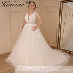 HEULORIA A-line V-Neck Sweep Train Lace Tulle Wedding Dress With Sequins Beading AL-611A