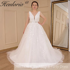 HEULORIA A-line V-Neck Sweep Train Lace Tulle Wedding Dress With Sequins Beading AL-611A
