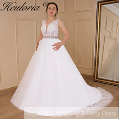 HEULORIA A-line V-Neck Sweep Train Lace Tulle Wedding Dress With Sequins Beading AL-580