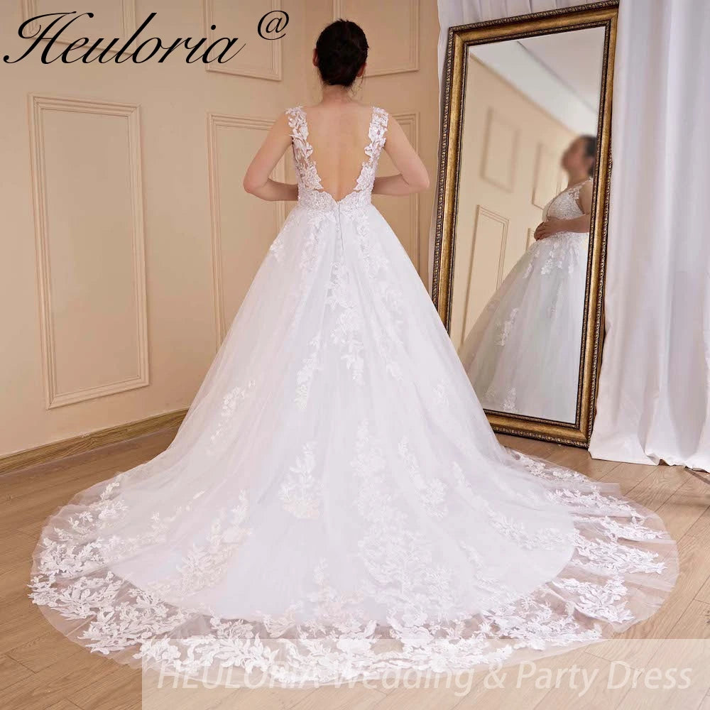 HEULORIA A-line V-Neck Sweep Train Lace Tulle Wedding Dress With Sequins Beading AL-529A