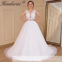 HEULORIA A-line V-Neck Sweep Train Lace Tulle Wedding Dress With Sequins Beading AL-580