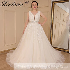 HEULORIA A-line V-Neck Sweep Train Lace Tulle Wedding Dress With Sequins Beading AL-611A