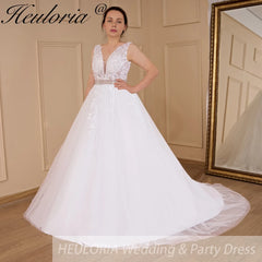 HEULORIA A-line V-Neck Sweep Train Lace Tulle Wedding Dress With Sequins Beading AL-580