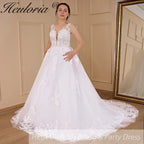 HEULORIA A-line V-Neck Sweep Train Lace Tulle Wedding Dress With Sequins Beading AL-529A
