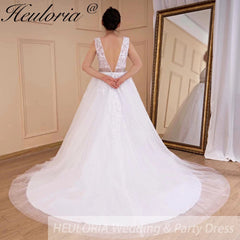 HEULORIA A-line V-Neck Sweep Train Lace Tulle Wedding Dress With Sequins Beading AL-580