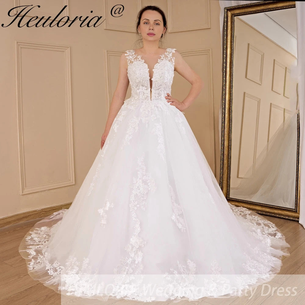 HEULORIA A-line V-Neck Sweep Train Lace Tulle Wedding Dress With Sequins Beading AL-529A