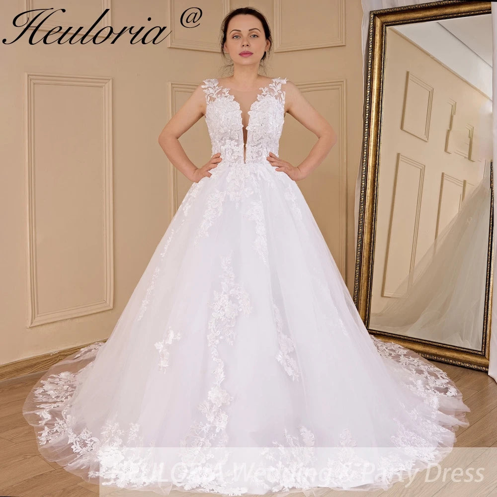 HEULORIA A-line V-Neck Sweep Train Lace Tulle Wedding Dress With Sequins Beading AL-529A
