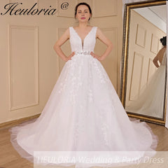 HEULORIA A-line V-Neck Sweep Train Lace Tulle Wedding Dress With Sequins Beading AL-611A