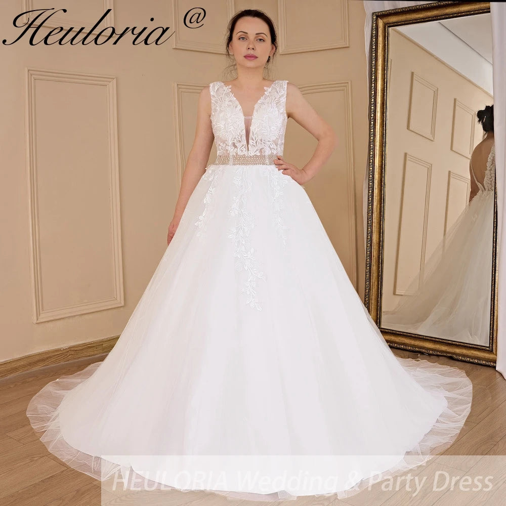 HEULORIA A-line V-Neck Sweep Train Lace Tulle Wedding Dress With Sequins Beading AL-580