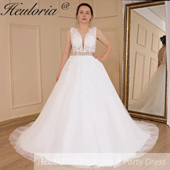 HEULORIA A-line V-Neck Sweep Train Lace Tulle Wedding Dress With Sequins Beading AL-580