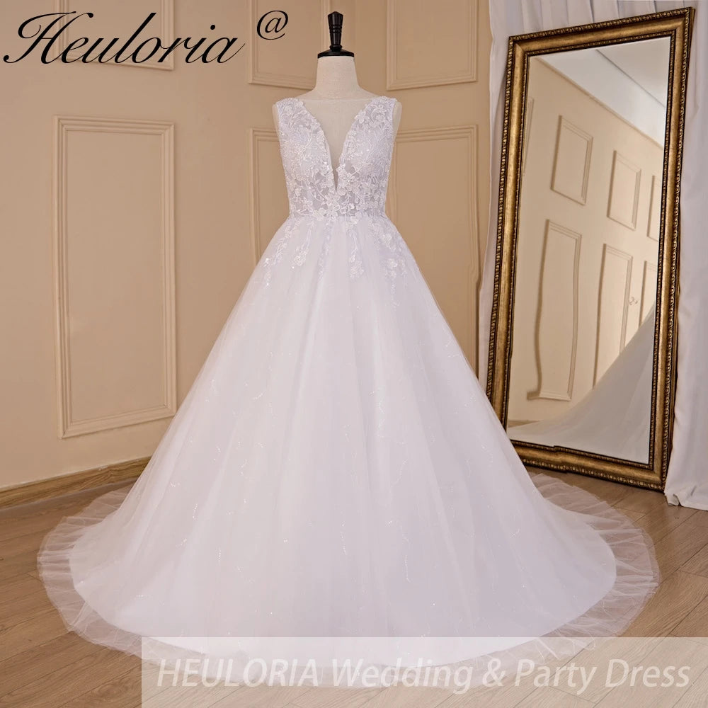 HEULORIA A-line V-Neck Sweep Train Lace Tulle Wedding Dress With Sequins AL-720 Main image