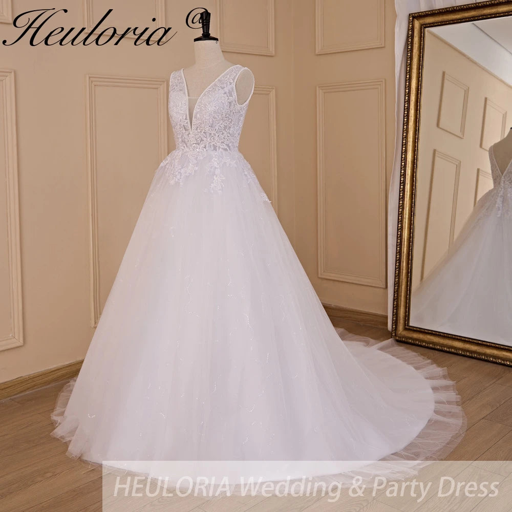 HEULORIA A-line V-Neck Sweep Train Lace Tulle Wedding Dress With Sequins Beading AL-719A