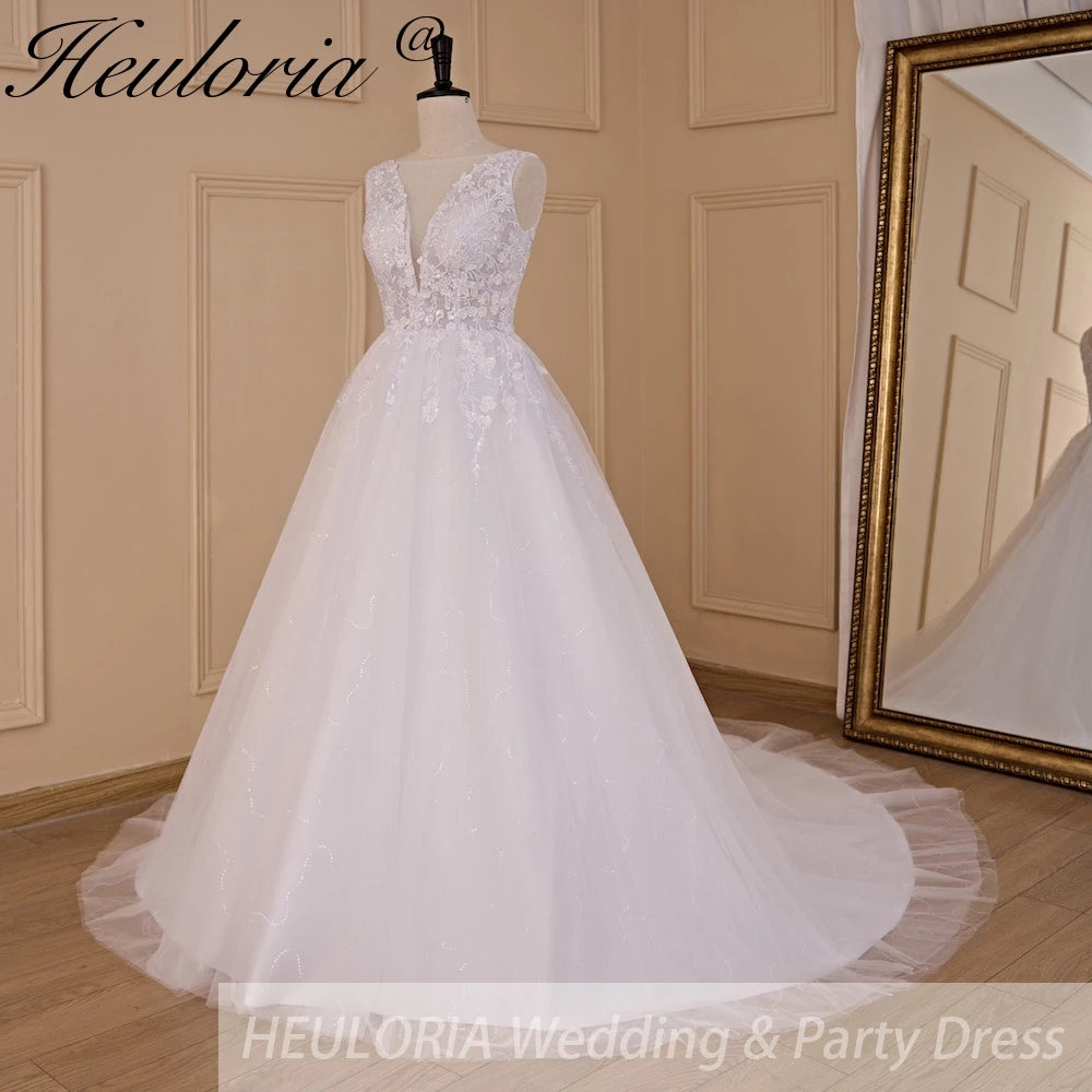 HEULORIA A-line V-Neck Sweep Train Lace Tulle Wedding Dress With Sequins AL-720