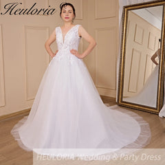 HEULORIA A-line V-Neck Sweep Train Lace Tulle Wedding Dress With Sequins Beading AL-719