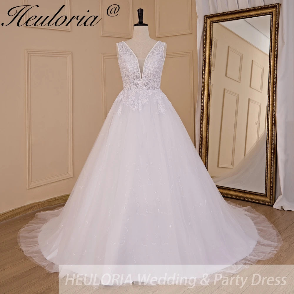 HEULORIA A-line V-Neck Sweep Train Lace Tulle Wedding Dress With Sequins Beading AL-719A Main image