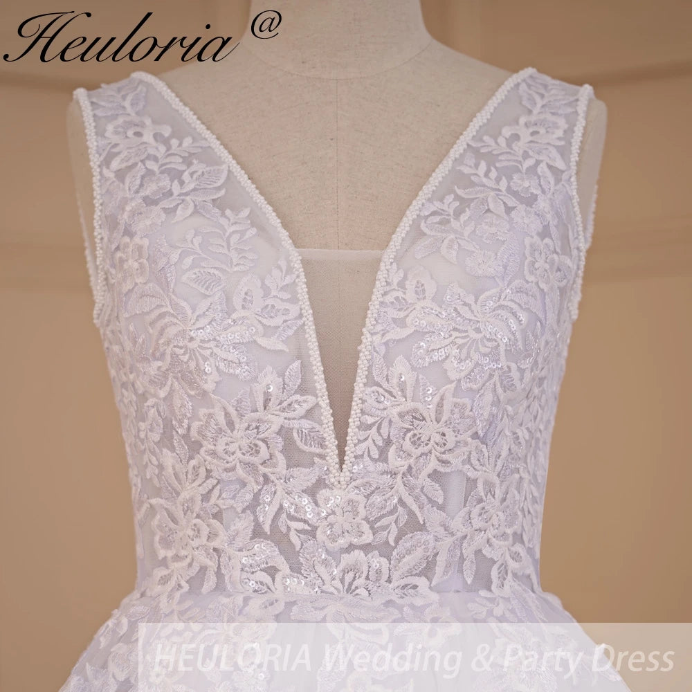 HEULORIA A-line V-Neck Sweep Train Lace Tulle Wedding Dress With Sequins Beading AL-719A