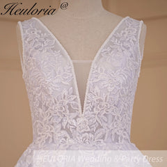 HEULORIA A-line V-Neck Sweep Train Lace Tulle Wedding Dress With Sequins Beading AL-719A