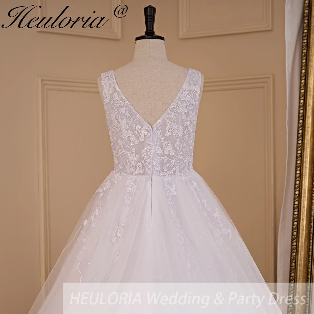 HEULORIA A-line V-Neck Sweep Train Lace Tulle Wedding Dress With Sequins AL-720