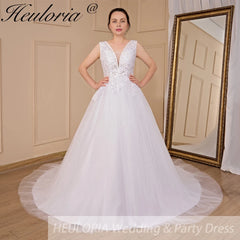 HEULORIA A-line V-Neck Sweep Train Lace Tulle Wedding Dress With Sequins Beading AL-719