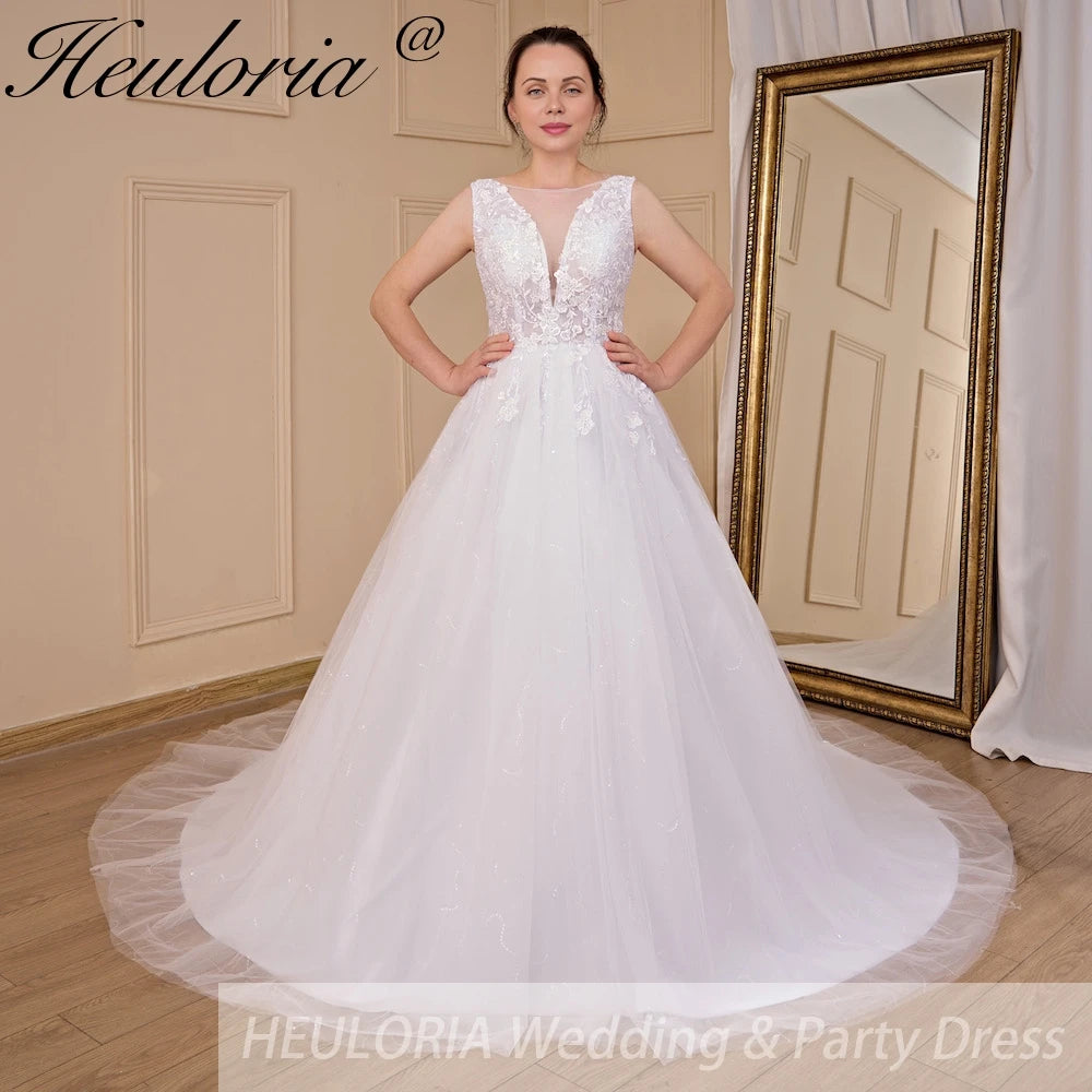 HEULORIA A-line V-Neck Sweep Train Lace Tulle Wedding Dress With Sequins AL-720A