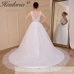 HEULORIA A-line V-Neck Sweep Train Lace Tulle Wedding Dress With Sequins Beading AL-719