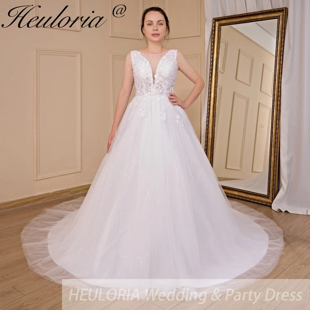 HEULORIA A-line V-Neck Sweep Train Lace Tulle Wedding Dress With Sequins AL-720A