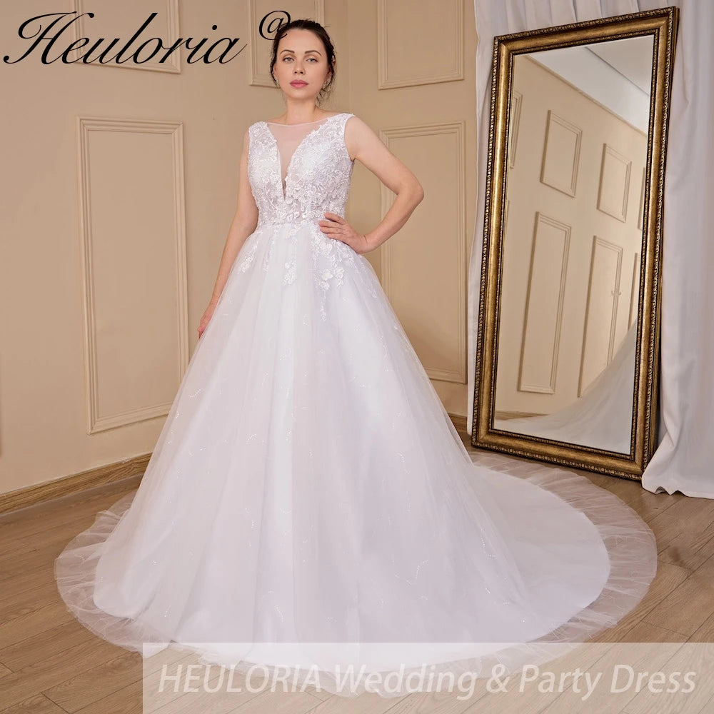 HEULORIA A-line V-Neck Sweep Train Lace Tulle Wedding Dress With Sequins AL-720A