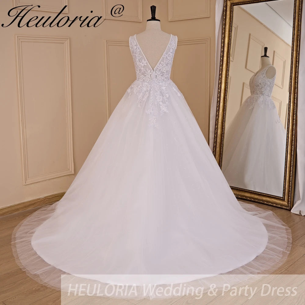 HEULORIA A-line V-Neck Sweep Train Lace Tulle Wedding Dress With Sequins Beading AL-719A
