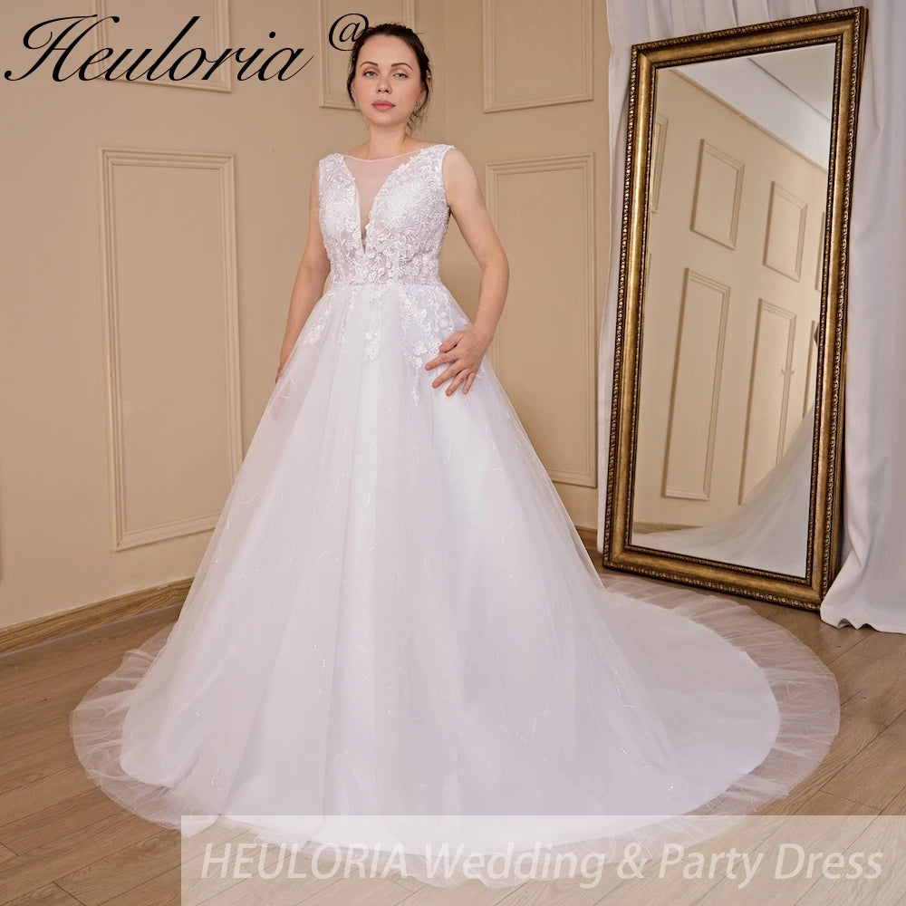 HEULORIA A-line V-Neck Sweep Train Lace Tulle Wedding Dress With Sequins AL-720A