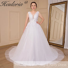 HEULORIA A-line V-Neck Sweep Train Lace Tulle Wedding Dress With Sequins Beading AL-719