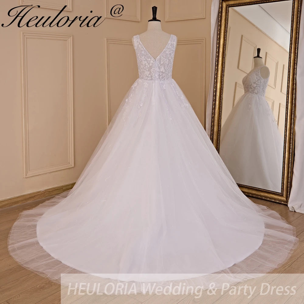 HEULORIA A-line V-Neck Sweep Train Lace Tulle Wedding Dress With Sequins AL-720