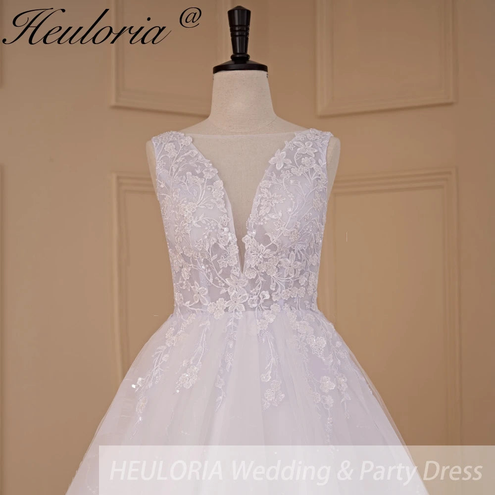 HEULORIA A-line V-Neck Sweep Train Lace Tulle Wedding Dress With Sequins AL-720