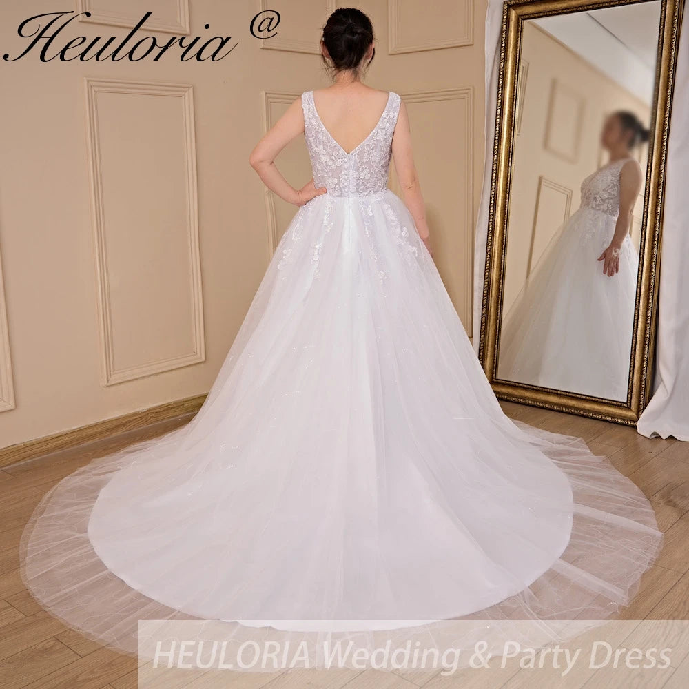 HEULORIA A-line V-Neck Sweep Train Lace Tulle Wedding Dress With Sequins AL-720A
