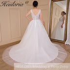 HEULORIA A-line V-Neck Sweep Train Lace Tulle Wedding Dress With Sequins AL-720A