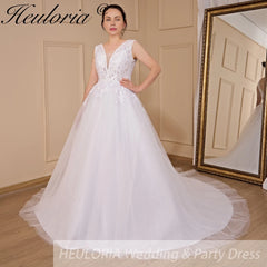 HEULORIA A-line V-Neck Sweep Train Lace Tulle Wedding Dress With Sequins Beading AL-719