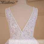 HEULORIA A-line V-Neck Sweep Train Lace Tulle Wedding Dress With Sequins Beading AL-719A