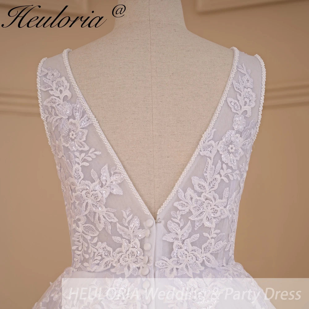 HEULORIA A-line V-Neck Sweep Train Lace Tulle Wedding Dress With Sequins Beading AL-719A