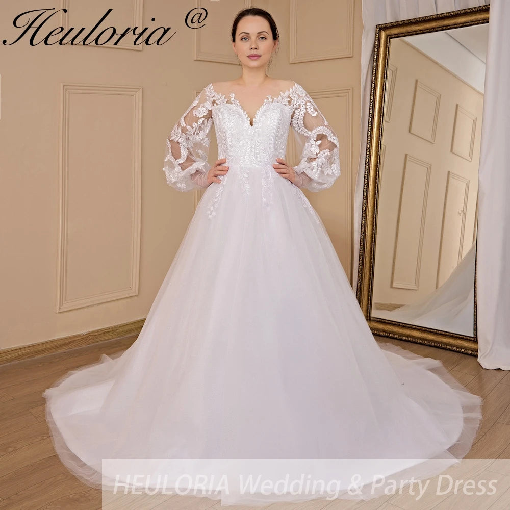 HEULORIA A-line Scoop Illusion Court Train Lace Tulle Wedding Dress With Sequins AL-710