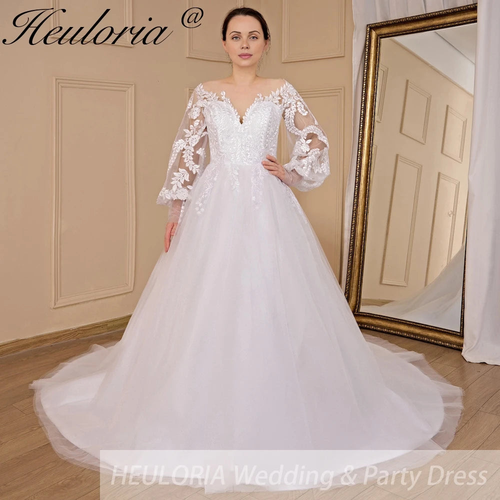 HEULORIA A-line Scoop Illusion Court Train Lace Tulle Wedding Dress With Sequins AL-710 Main image