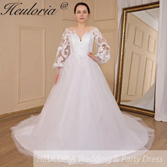 HEULORIA A-line Scoop Illusion Court Train Lace Tulle Wedding Dress With Sequins AL-710
